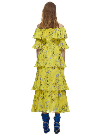 Yellow Bohemian Long Dress with Ruffle Pleated Printing