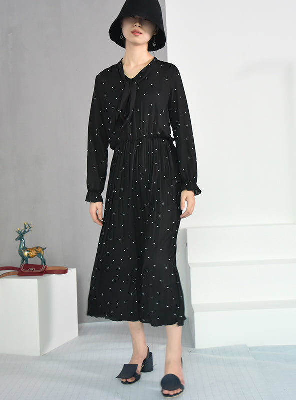 Solid Black Chiffon Dot Loose Big Size Dress with Long Sleeves