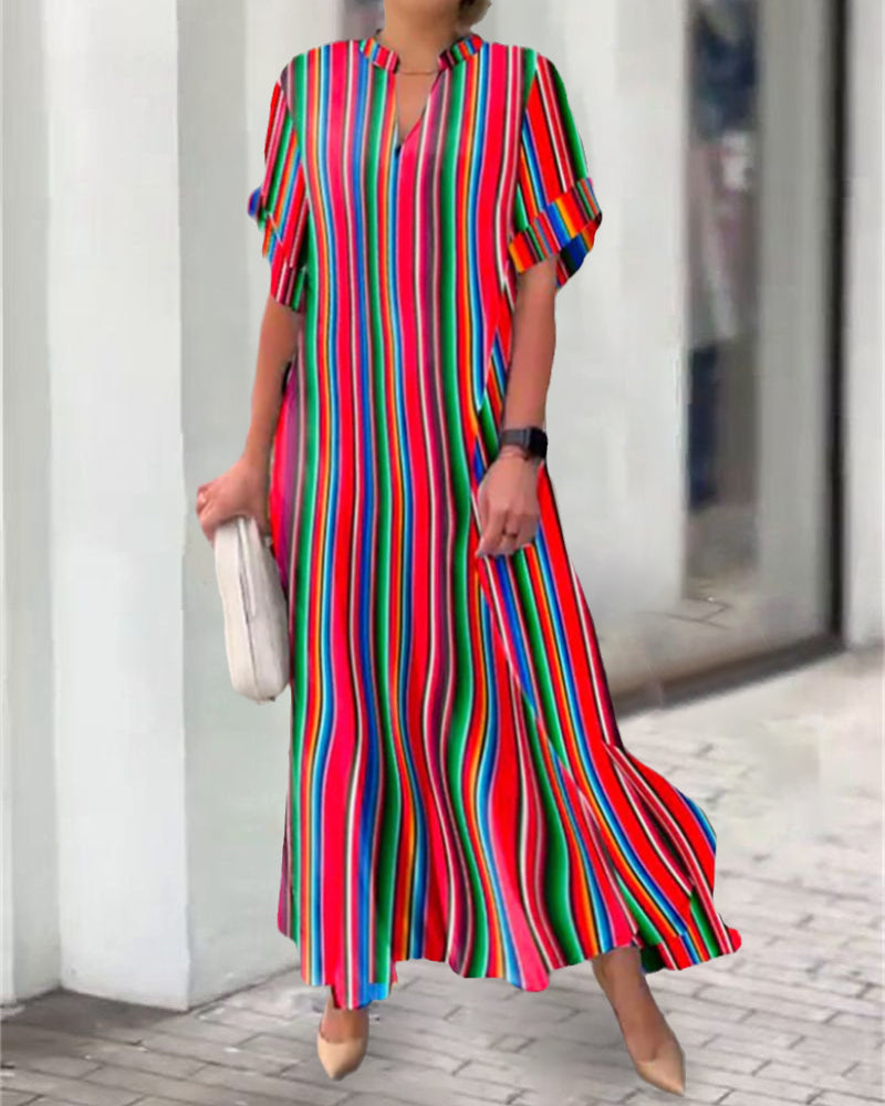 V-neck Dress in Stripe Print - Colorful