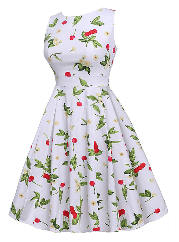 Vintage Rockabilly White Print Party Dress with Belt