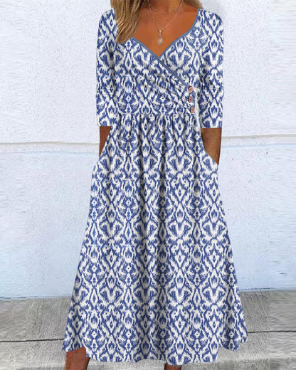 V-neck print button dress