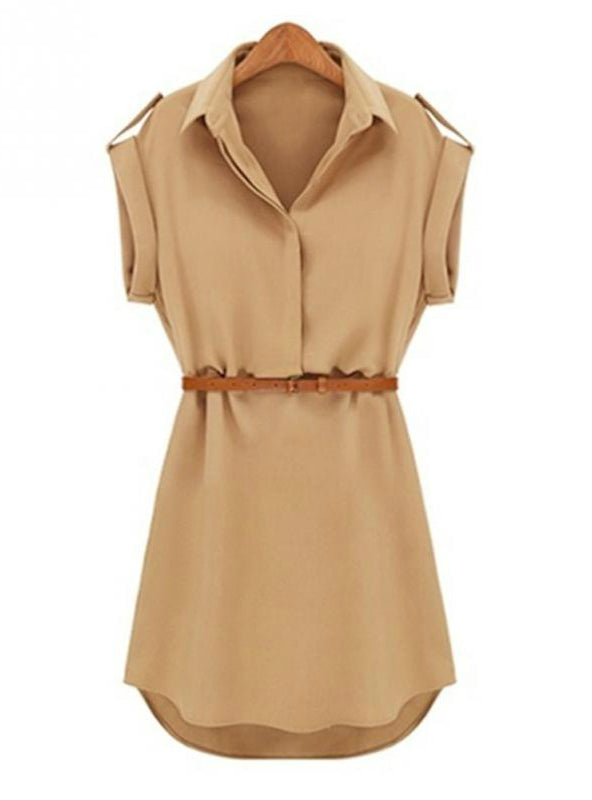 Short Sleeve Women's Shirt Blouse Dress with Belt