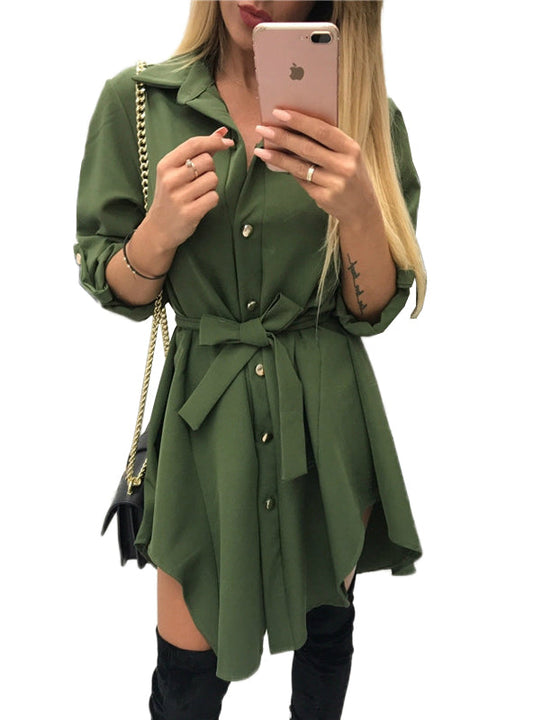 Army Short Mini Sundress with Long Sleeve Turn Down Collar