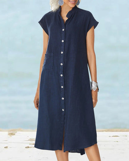 Stand collar dress with single breasted pocket