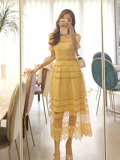 Yellow Lace Summer Style Short Sleeve Hollow Out Midi Vintage Dress