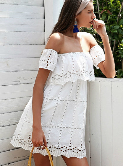 White Lace Off Shoulder Dress with Hollow Out Detail for Women