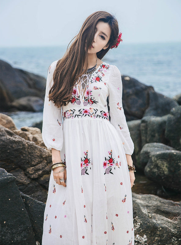 Tassel Embroidery Full-Length Flowered Dress