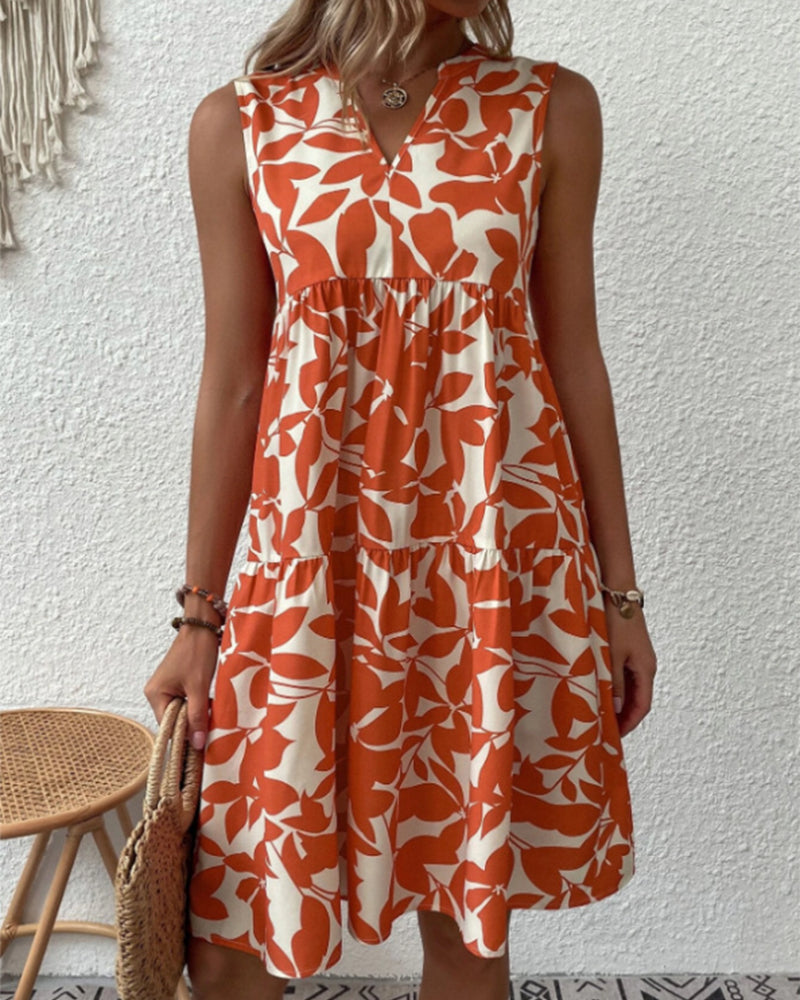 Sleeveless Dress with Leaves Print