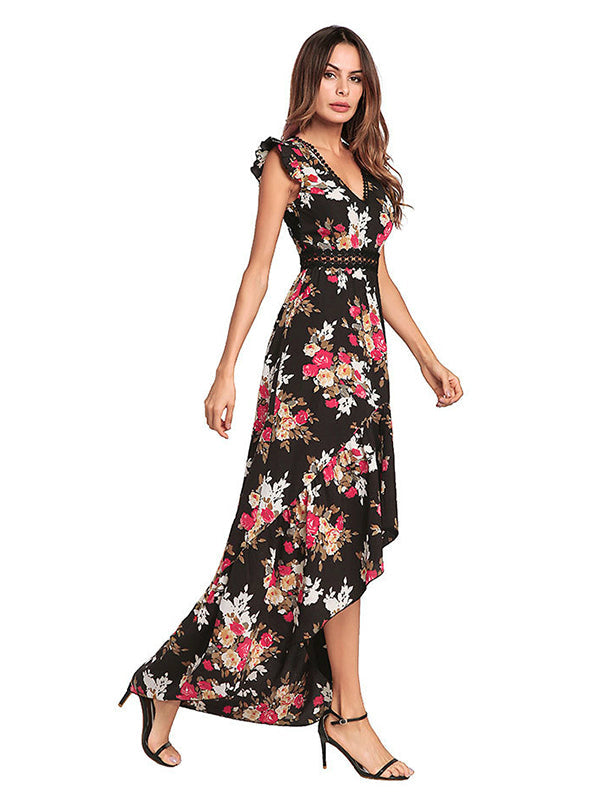 Bohemian Irregular Flowered Design V-Neck Dress