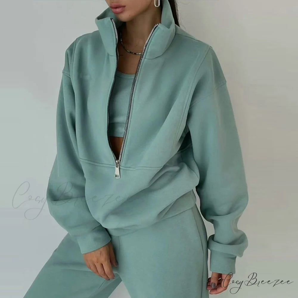 2-Piece Suit Warm Oversized Set Women’s - Casual Trouser Polo Spring/Winter Fleece and - Sports Sweatshirt Zipper