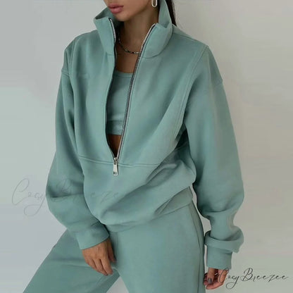 2-Piece Suit Warm Oversized Set Women’s - Casual Trouser Polo Spring/Winter Fleece and - Sports Sweatshirt Zipper