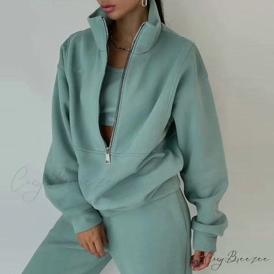 2-Piece Suit Warm Oversized Set Women’s - Casual Trouser Polo Spring/Winter Fleece and - Sports Sweatshirt Zipper