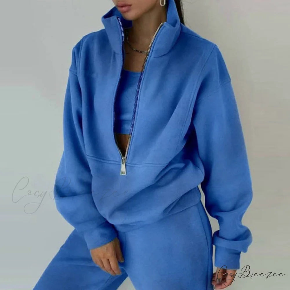 2-Piece Suit Warm Oversized Set Women’s - Casual Trouser Polo Spring/Winter Fleece and - Sports Sweatshirt Zipper
