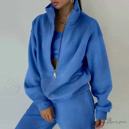 2-Piece Suit Warm Oversized Set Women’s - Casual Trouser Polo Spring/Winter Fleece and - Sports Sweatshirt Zipper