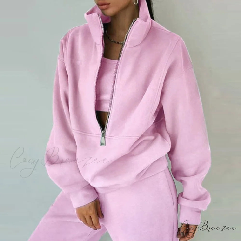 2-Piece Suit Warm Oversized Set Women’s - Casual Trouser Polo Spring/Winter Fleece and - Sports Sweatshirt Zipper