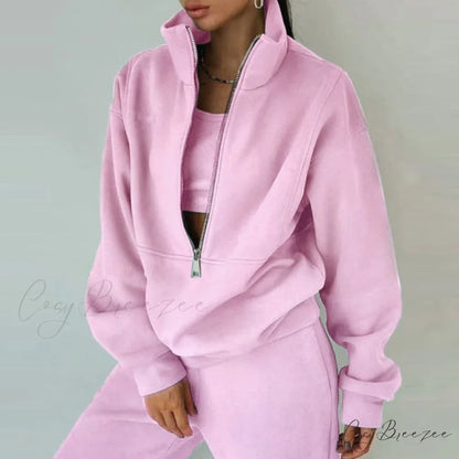 2-Piece Suit Warm Oversized Set Women’s - Casual Trouser Polo Spring/Winter Fleece and - Sports Sweatshirt Zipper