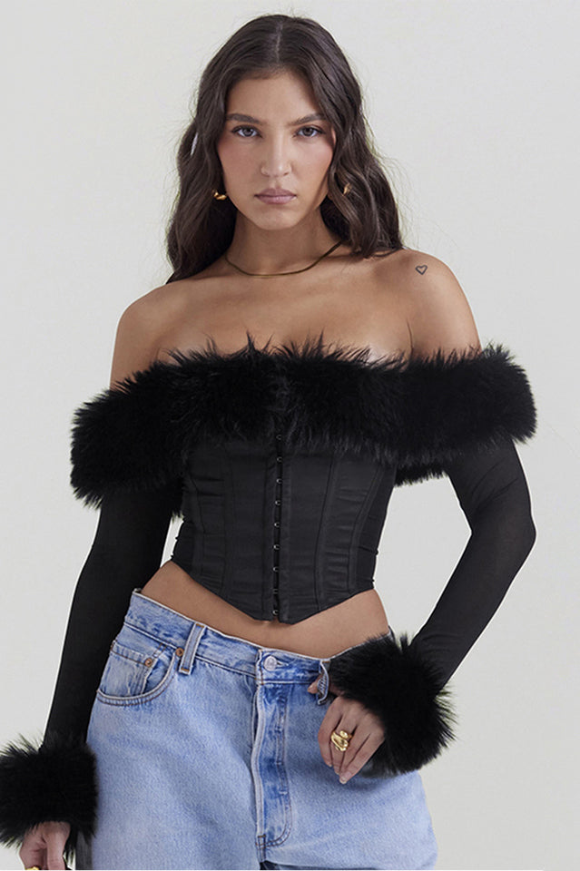 Black Faux Stylish Fur Trimmed Bustier