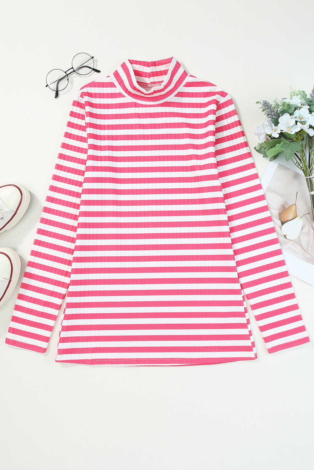 Arm Design Long Textured Pink Knit Striped Tee