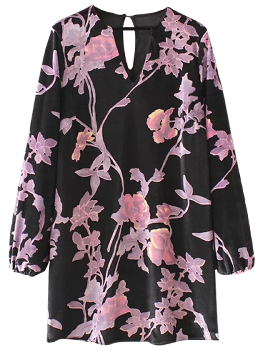 Velvet Long Sleeve Floral Shift Dress