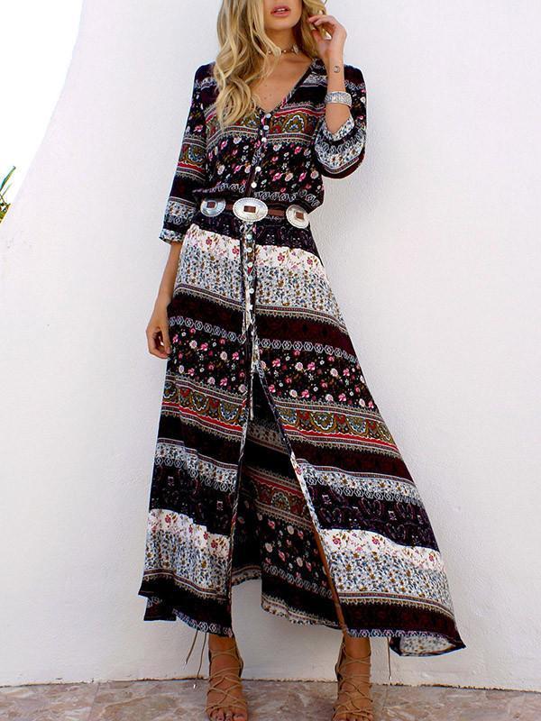 3/4 with V and Full-Length Bohemia Gown Flowered Sleeves Chiffon Neck