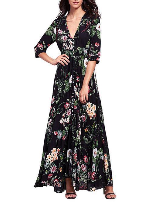 Bohemia Neck V Flowered Full-Length Dress