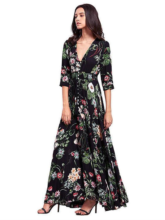 Bohemia Neck V Flowered Full-Length Dress