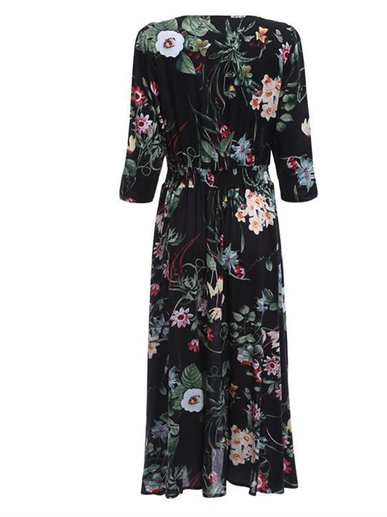 Bohemia Neck V Flowered Full-Length Dress