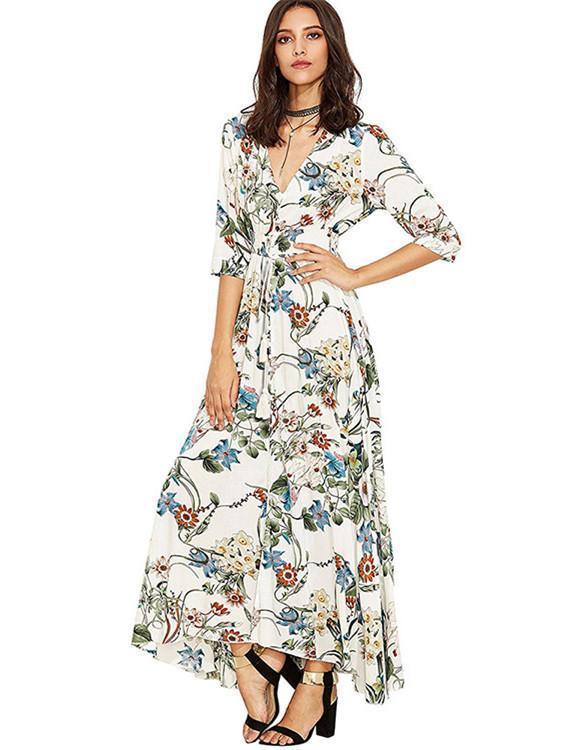 Bohemia Neck V Flowered Full-Length Dress