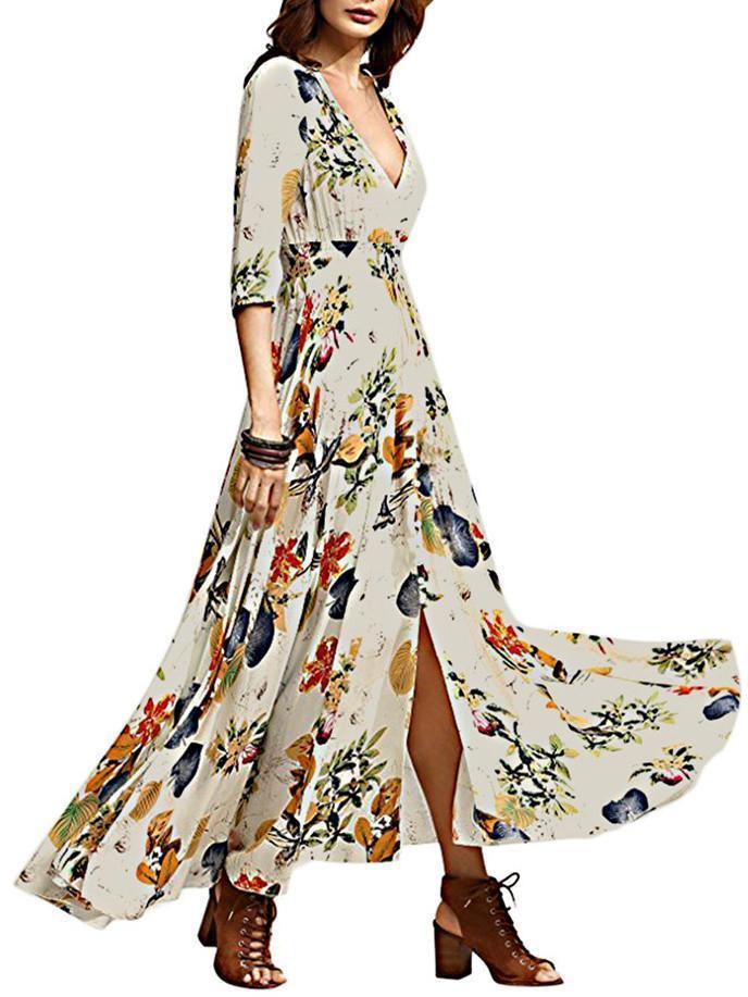 Bohemia Neck V Flowered Full-Length Dress