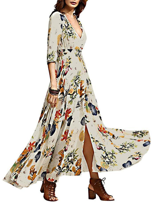 Bohemia Floral Printed V Neck Maxi Dress for Summer Beach