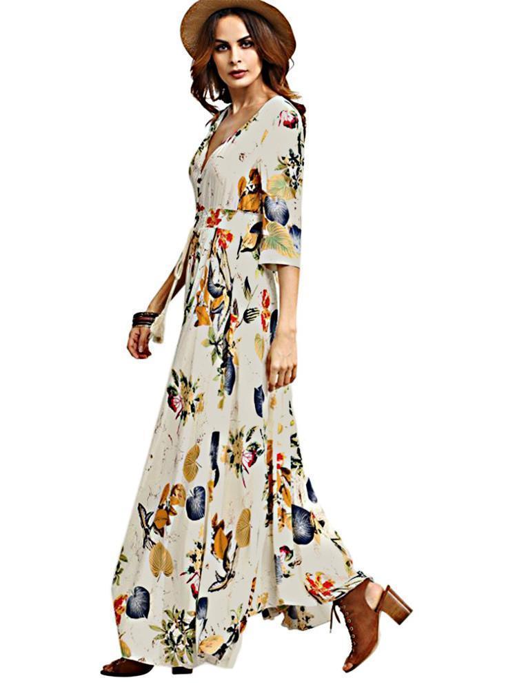 Bohemia Neck V Flowered Full-Length Dress