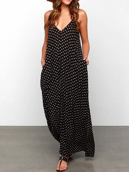 Spaghetti-Neck Full-Length Polka-Dot Dress