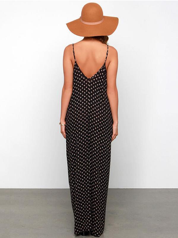 Spaghetti-Neck Full-Length Polka-Dot Dress