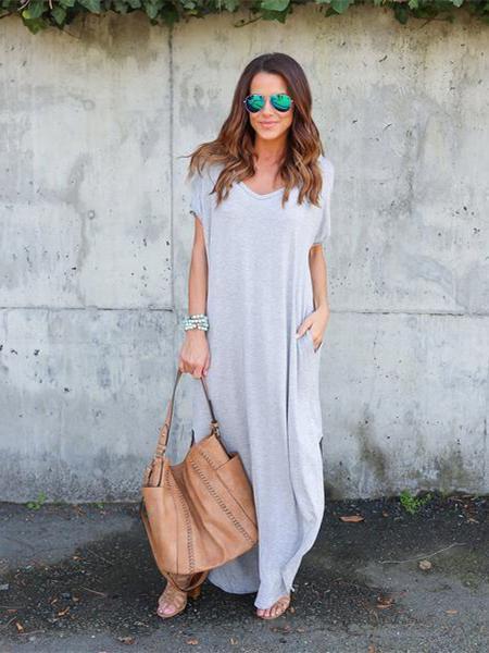 V-Neck Maxi Dress with Pockets in Solid Color