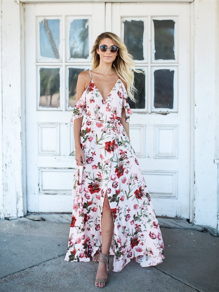 Spaghetti-Neck V-Neck Maxi Dress with Print