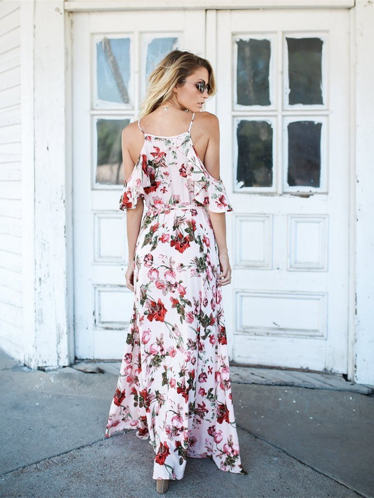 Spaghetti-Neck V-Neck Maxi Dress with Print