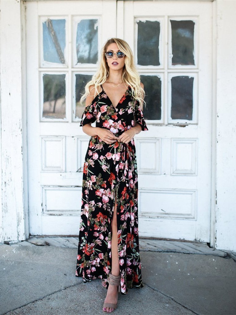 Spaghetti-Neck V-Neck Maxi Dress with Print