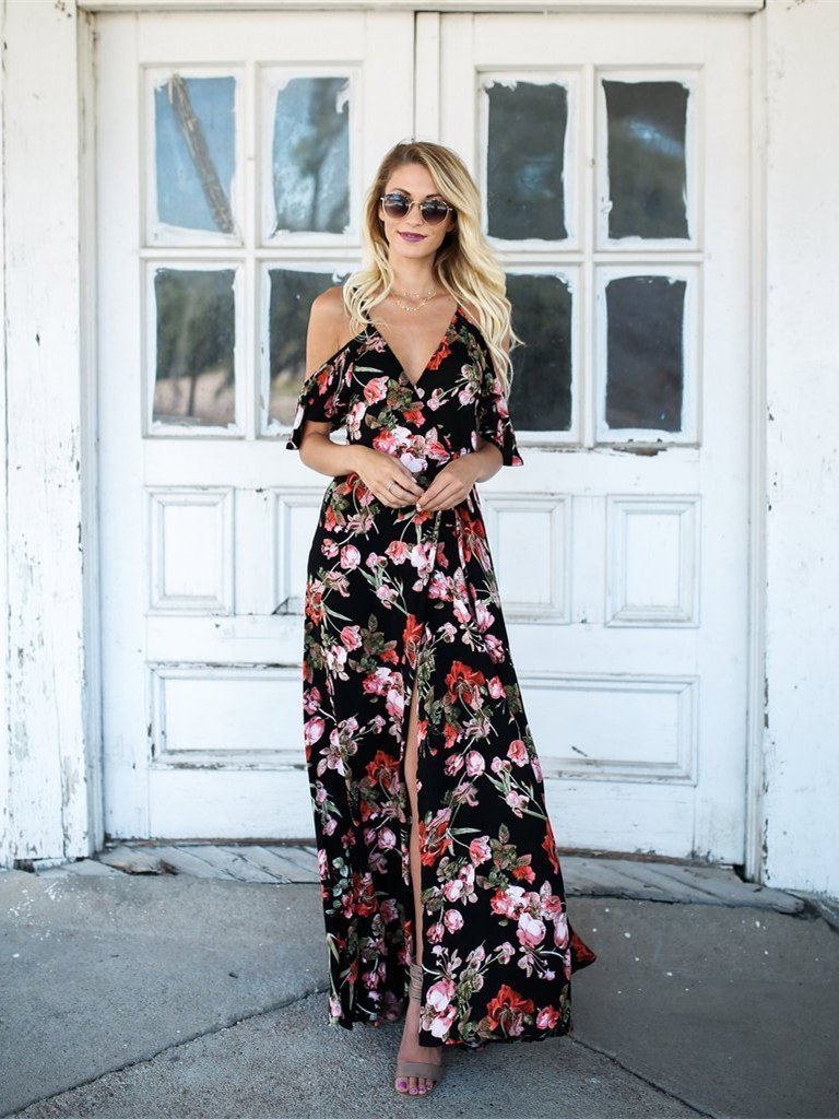 Spaghetti-Neck V-Neck Maxi Dress with Print