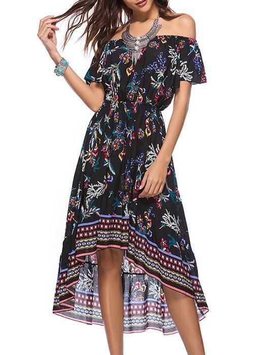 Bohemia Midi Dress with Asymmetric Off-The-Shoulder Print