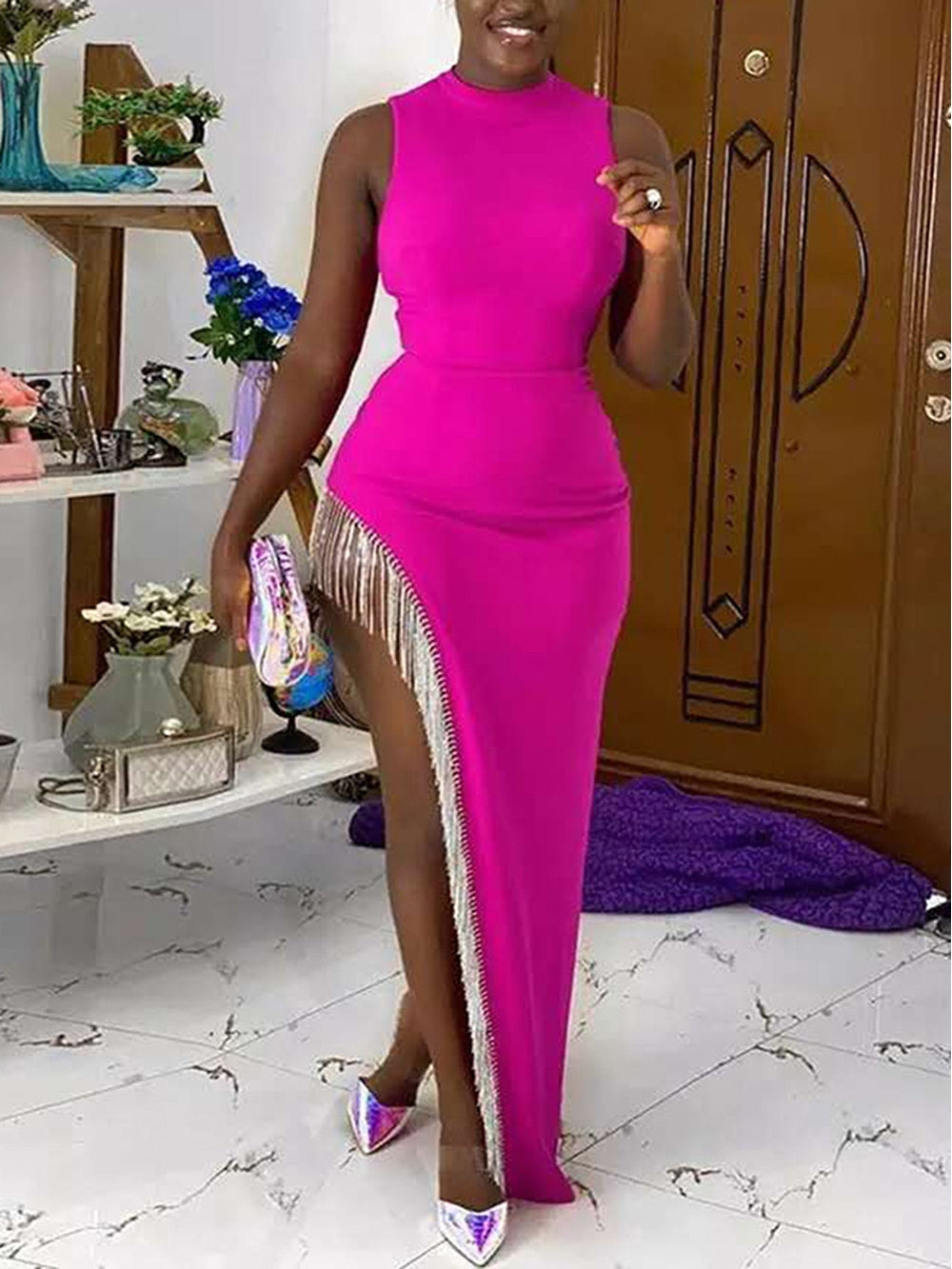 Sexy Sleeveless Tassel Diamonds Bodycon Bandage Dress