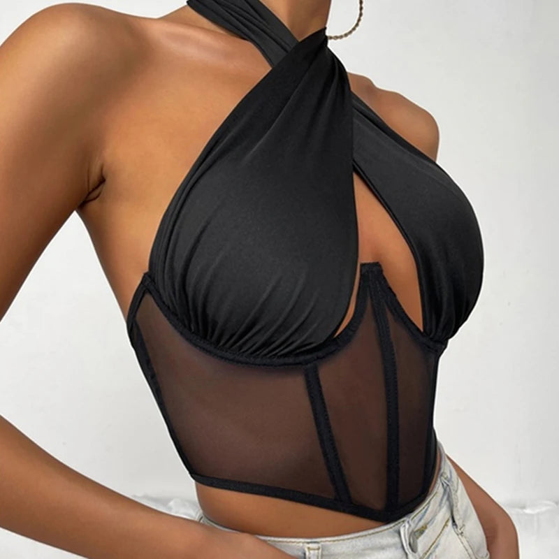 Fashion Sexy Hollow Tie-Up Halter Backless See-Through Mesh Stylish Elegant Trendy Crop Top