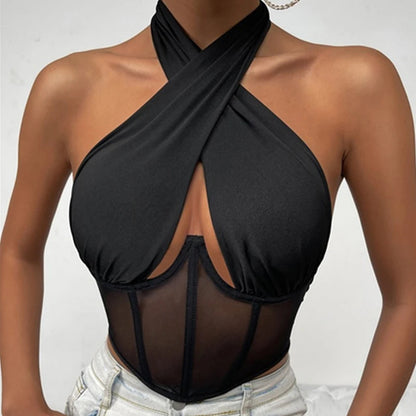 Fashion Sexy Hollow Tie-Up Halter Backless See-Through Mesh Stylish Elegant Trendy Crop Top