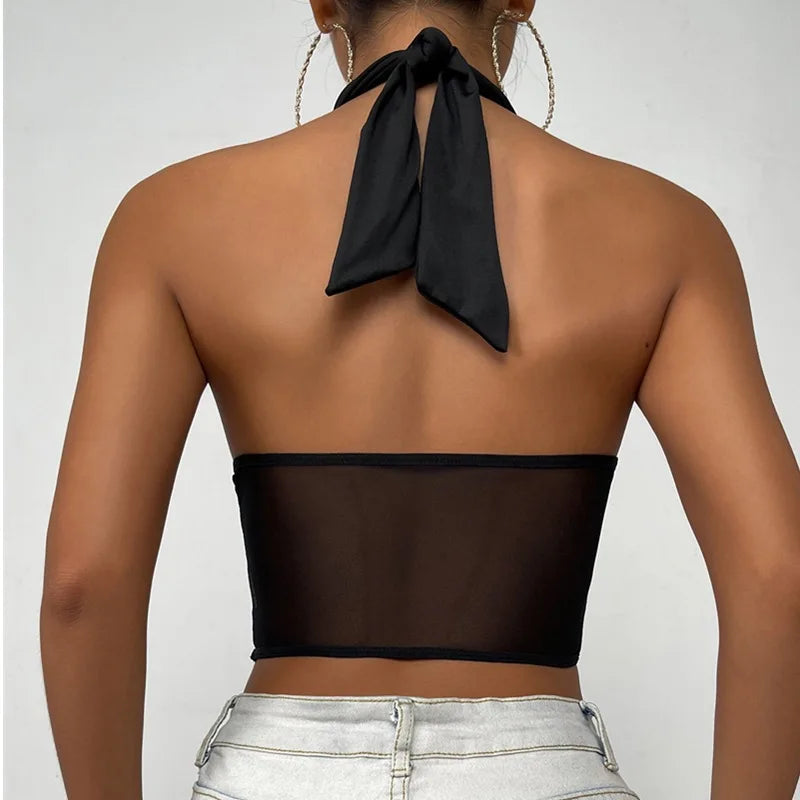 Fashion Sexy Hollow Tie-Up Halter Backless See-Through Mesh Stylish Elegant Trendy Crop Top