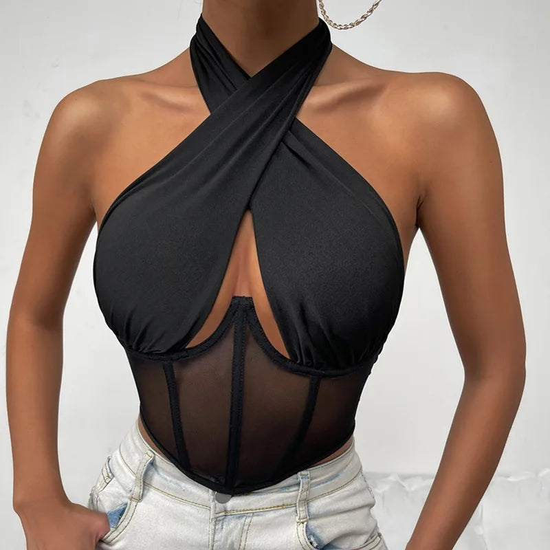 Fashion Sexy Hollow Tie-Up Halter Backless See-Through Mesh Stylish Elegant Trendy Crop Top