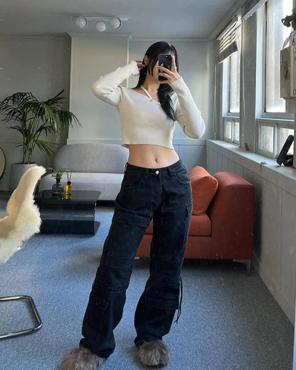 2024 Autumn New Fashionable Women's Cargo European and American Style Retro Y2K Pocket Loose Overalls Jean