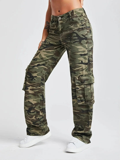 2024 Camouflage Women's Cargo High Wist Vintage Baggy Denim Straight Casual Fashion Jean