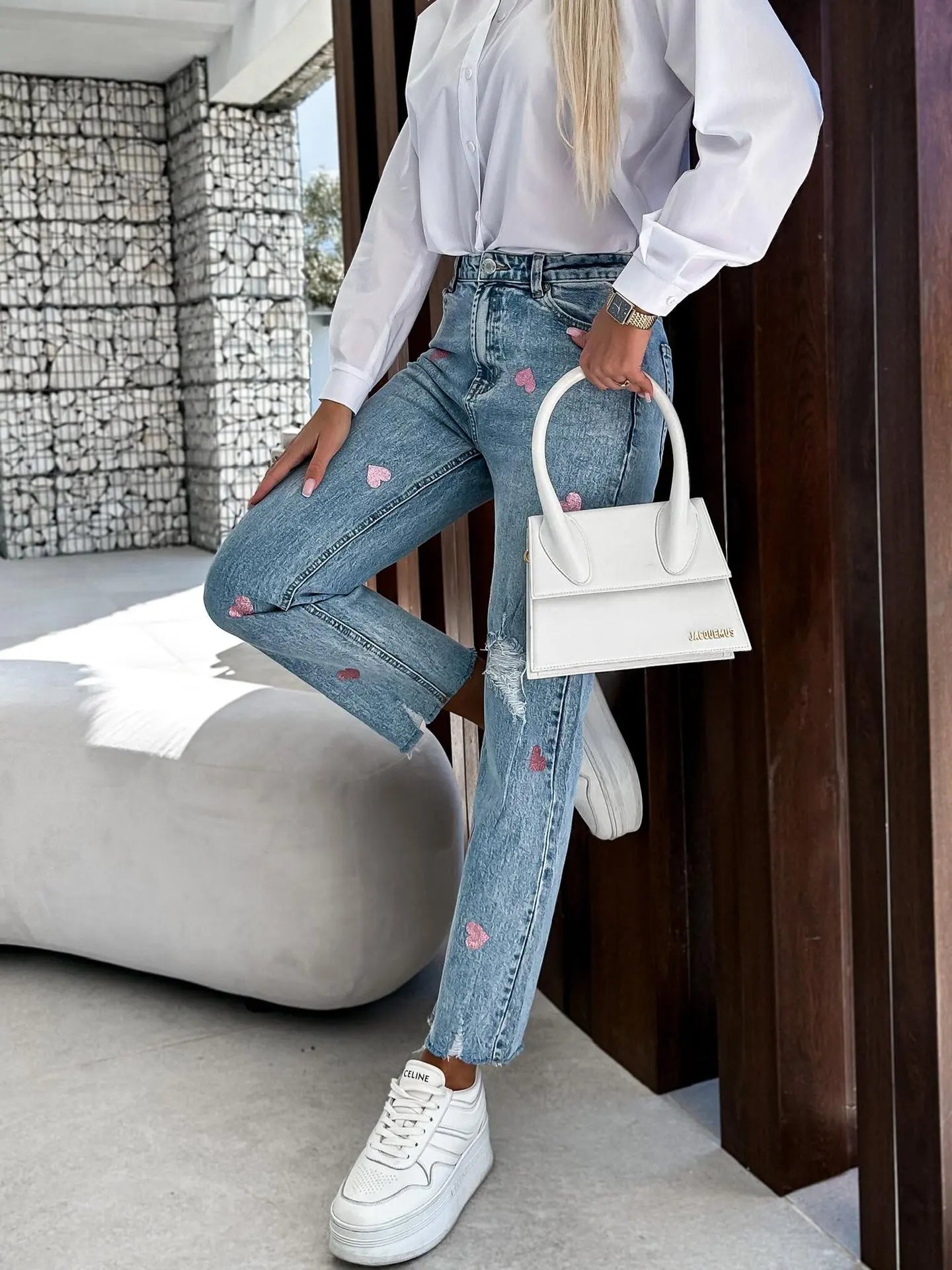 2024 Casual Star Printed Women High Waist Elegant Denim Fashion Ripped Hole Streetwear Jean