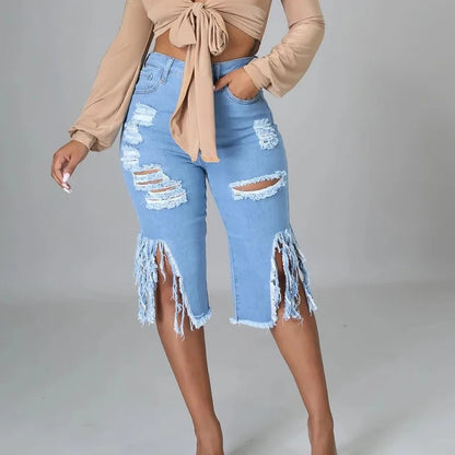 2024 Elastic Tassle Flare Knee Length Denim Pants Women Sexy Fashion High Waist Hole Ripped High Street Trousers Jean