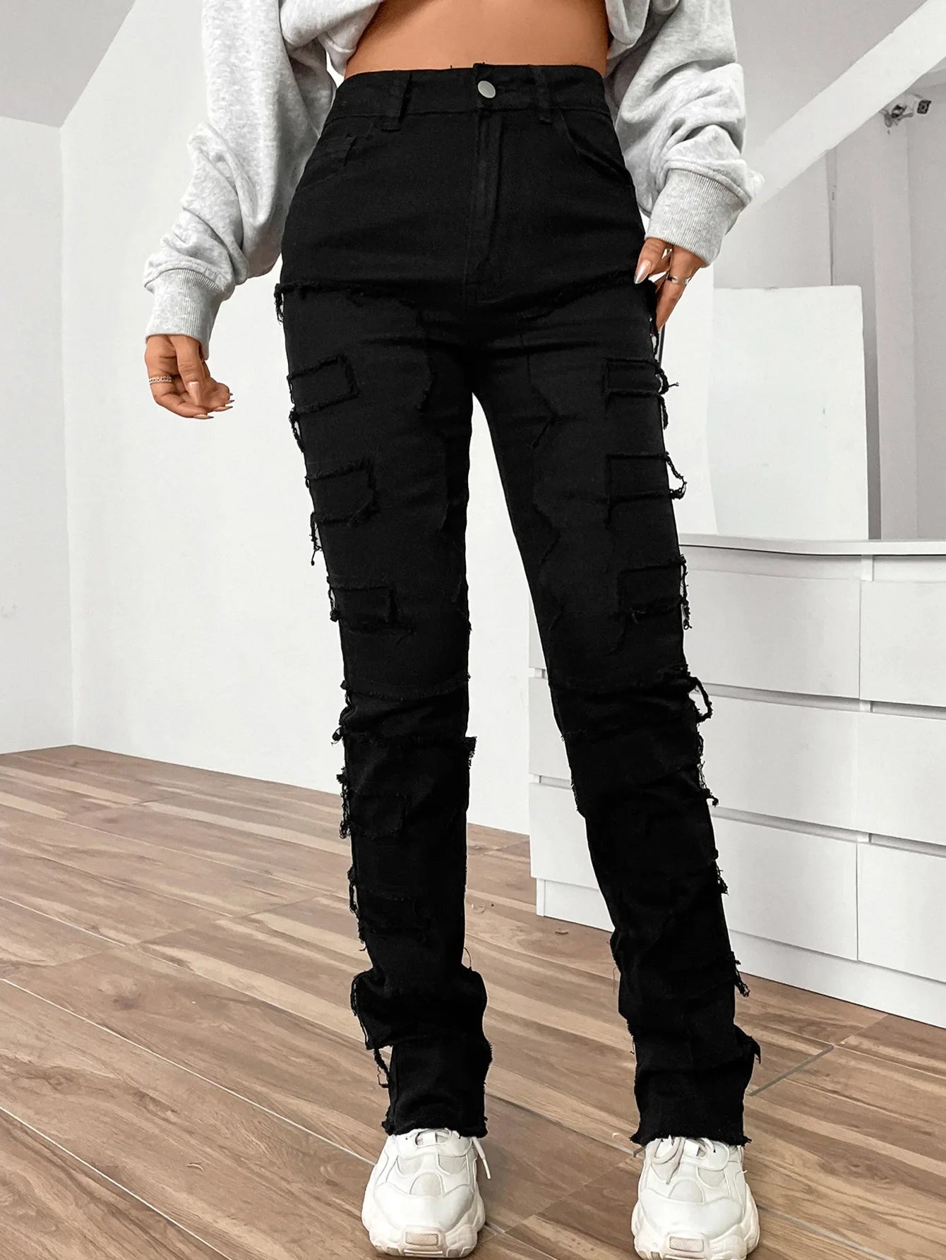 2024 New European and American Streetwise Stretch Patch for Women High Street Straight Fit Long Women's Jean