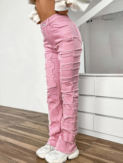 2024 New European and American Streetwise Stretch Patch for Women High Street Straight Fit Long Women's Jean